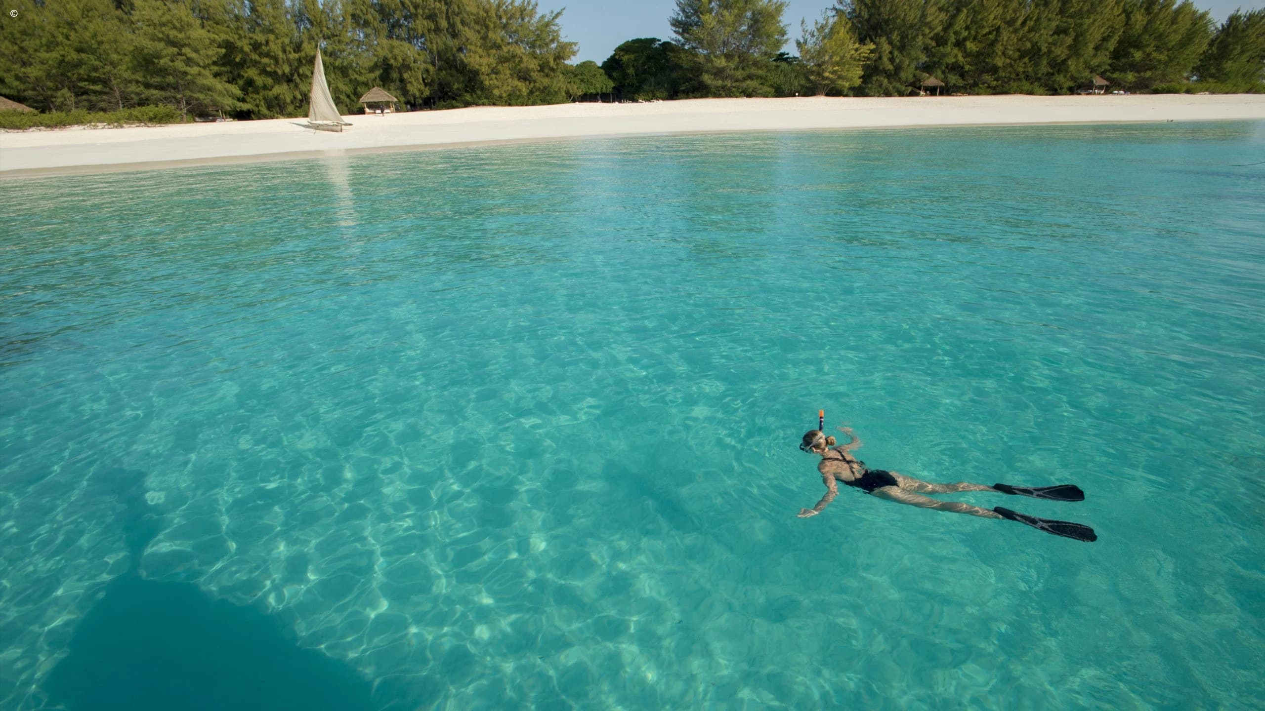 Woman snorkelling in clear turquoise shallows, beach in the distance