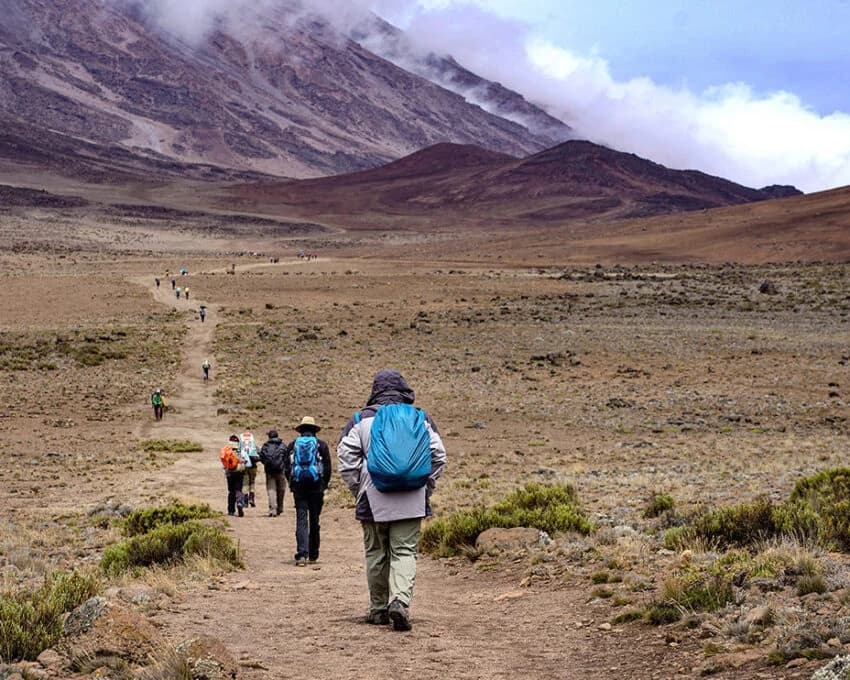 Hikers walking a trail across a high Kilimanjaro saddle