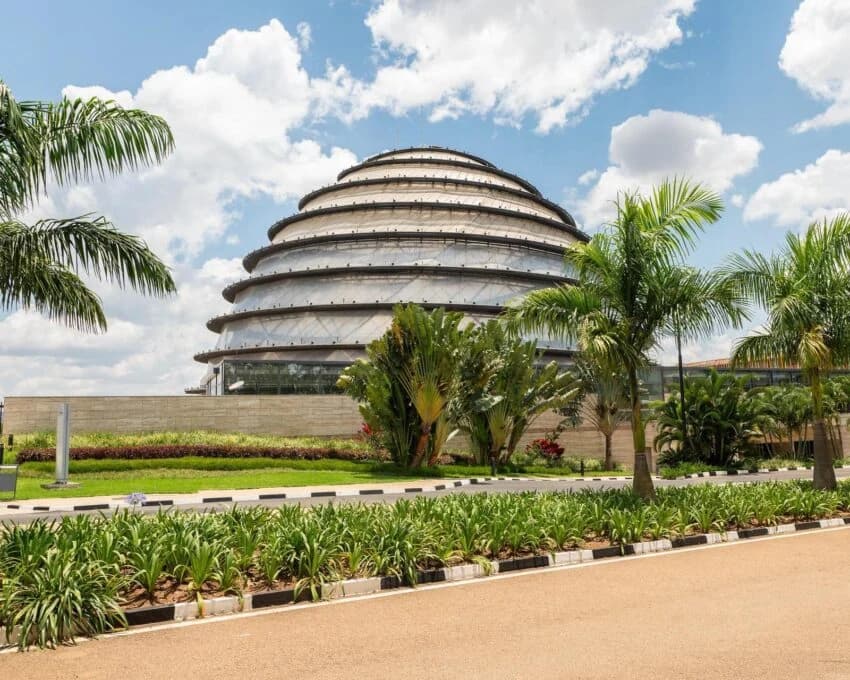 Kigali Convention Centre tiered dome behind palms