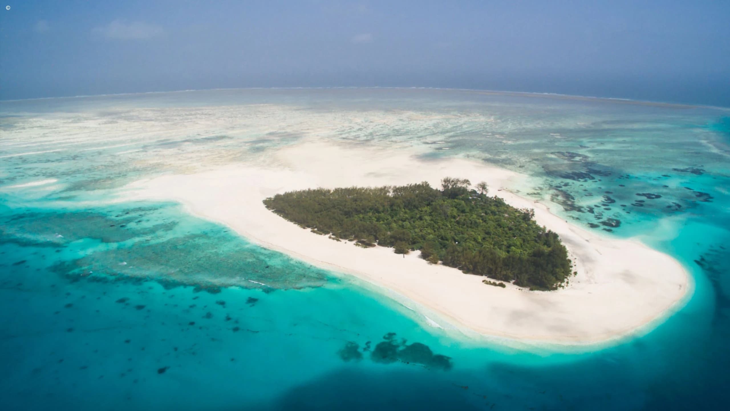 Aerial of a green island ringed by white sand in turquoise water