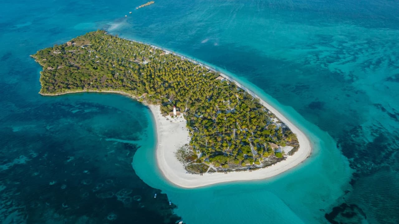 Aerial of a small palm covered island with a curved sand spit