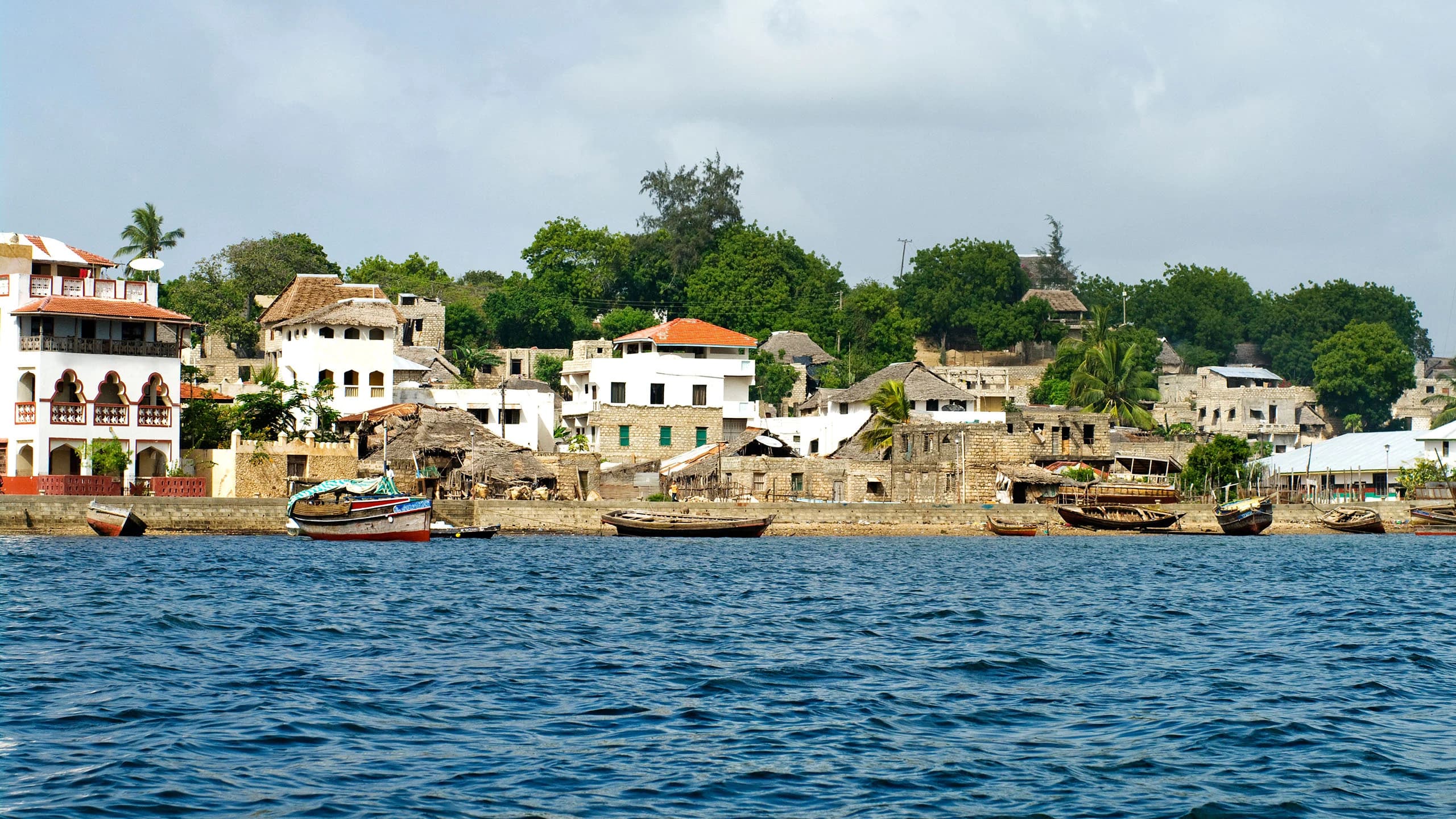 Whitewashed Swahili houses and boats along Lamu waterfront from the channel