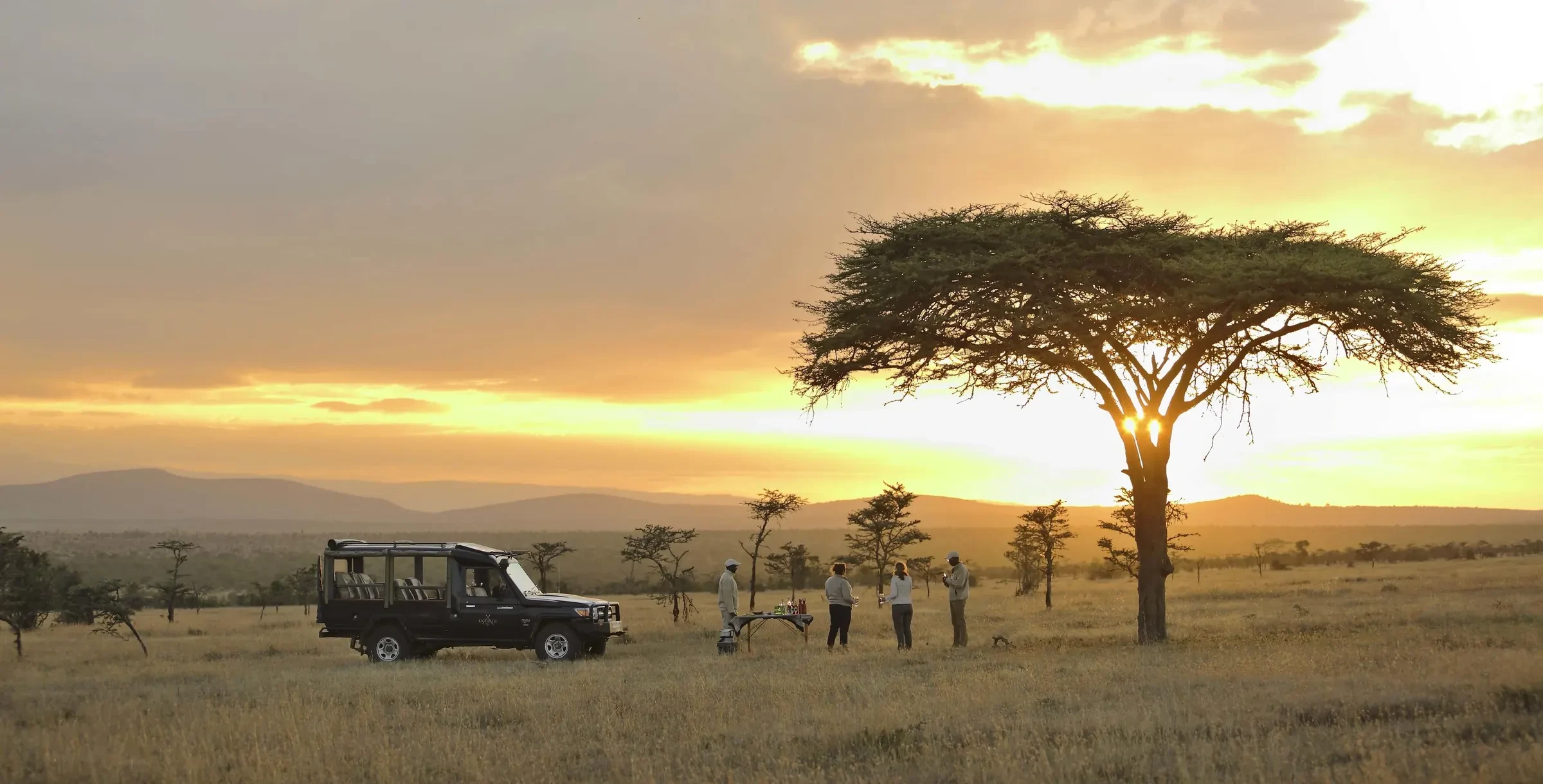 A safari vehicle pauses beneath an acacia at sundown on the Laikipia plains.