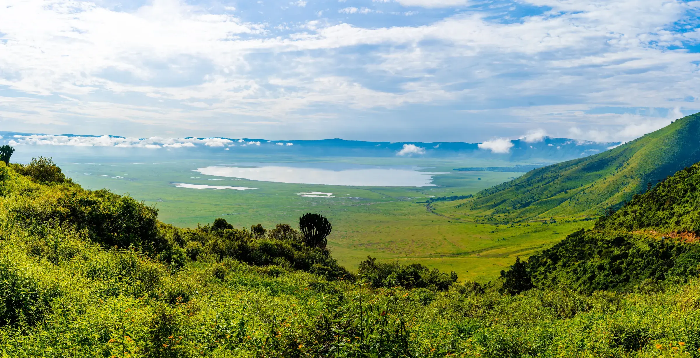 The floor of the Ngorongoro Crater opens below the rim, its soda lake pale in the distance.