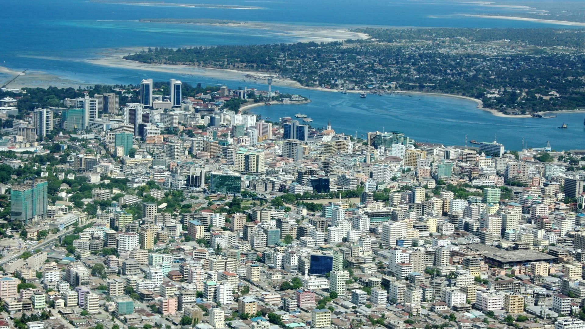 Aerial of Dar es Salaam high rises and harbour
