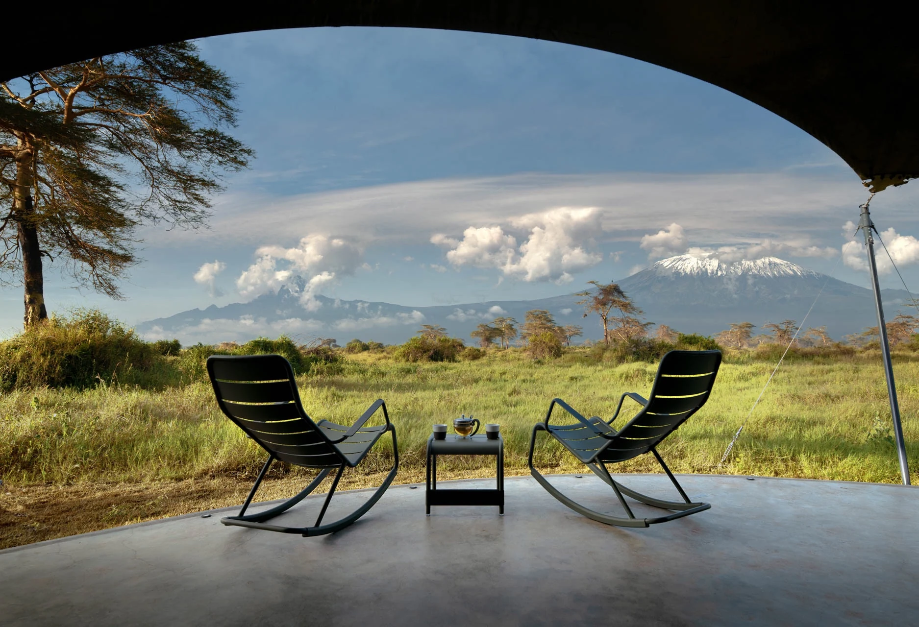 Covered veranda overlooking grasslands