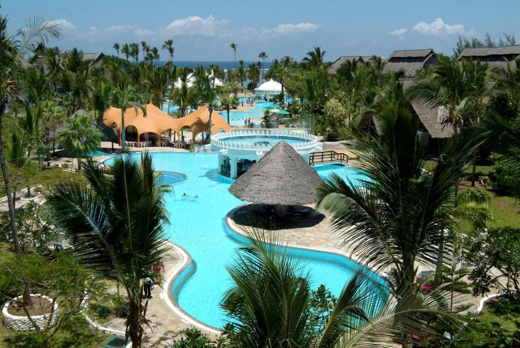 an aerial view of a pool