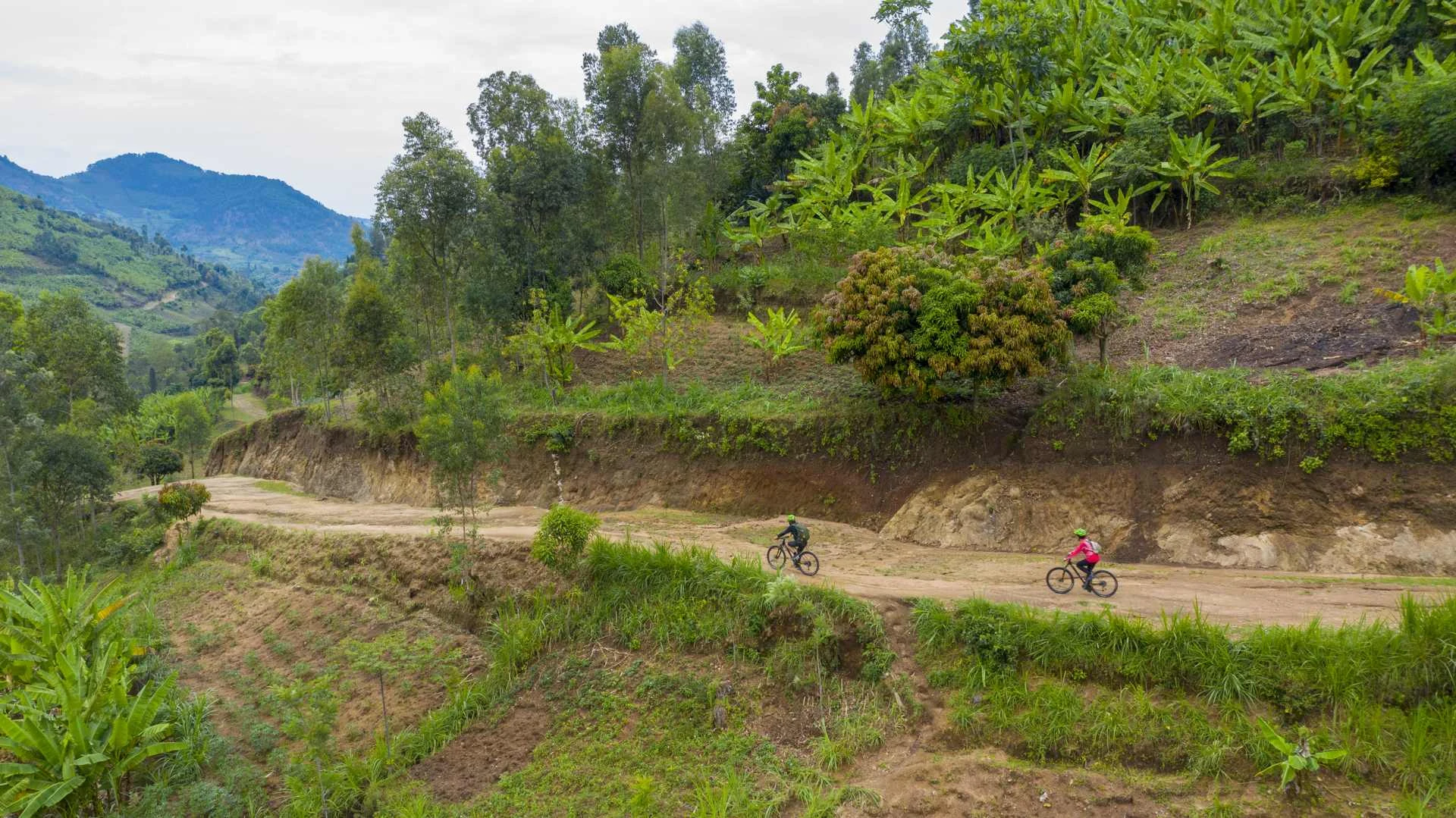 Two cyclists riding a dirt section of the Congo Nile Trail through green hills