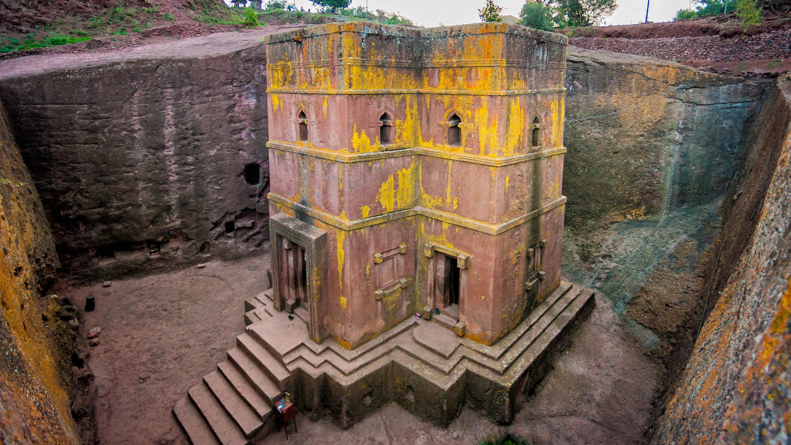 Aerial view of the rock hewn Church of St George in its pit