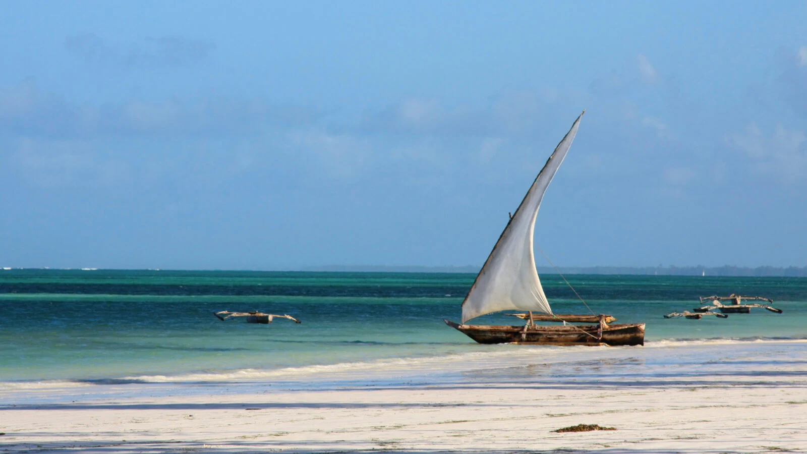 Wooden dhow with white sail on shallow turquoise water off pale beach