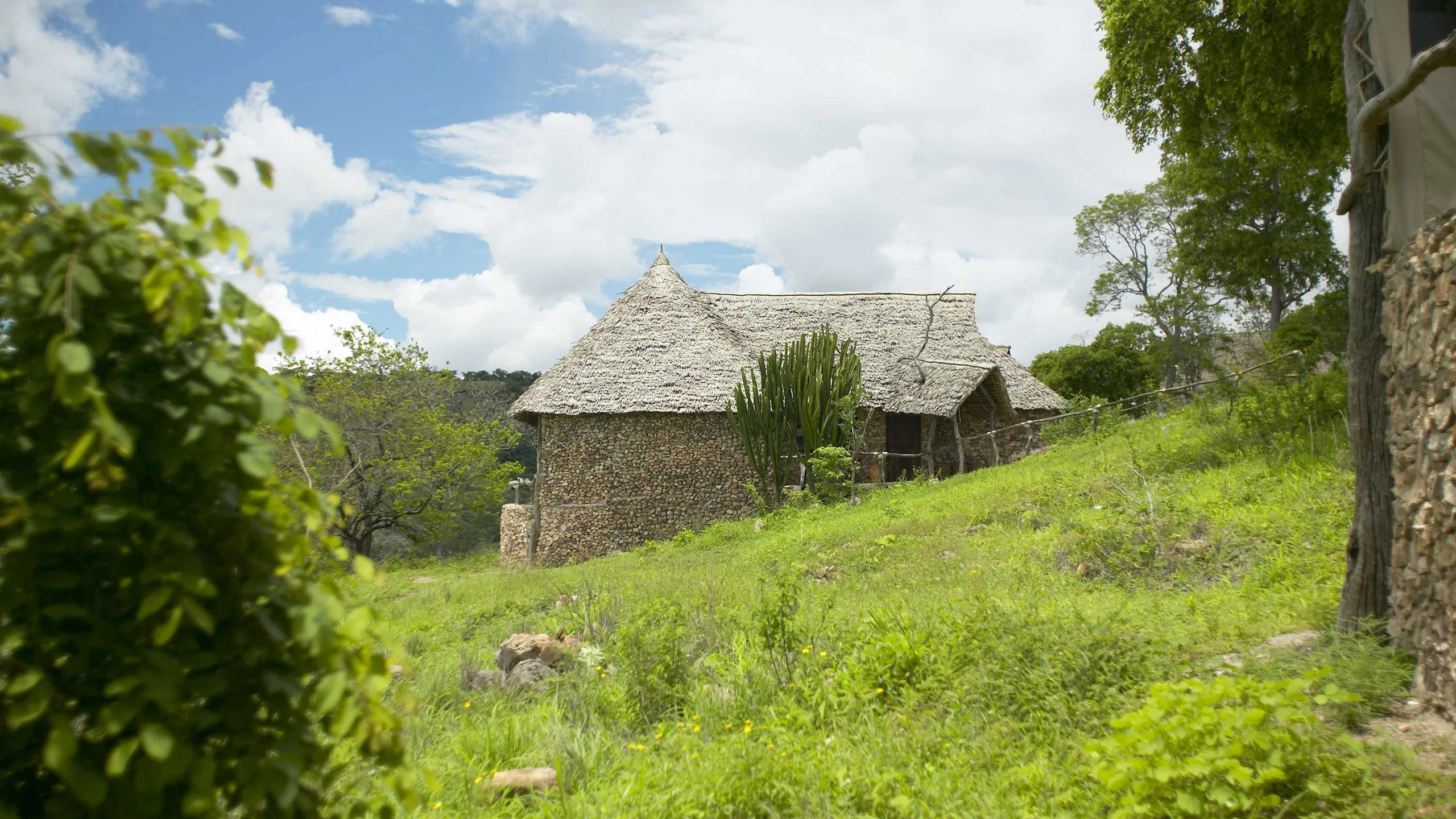 Stone lodge on green hillside at Beho Beho