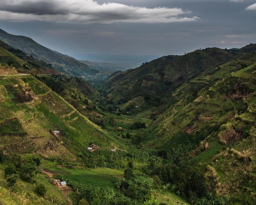 Overlook of a steep valley and terraced hillsides