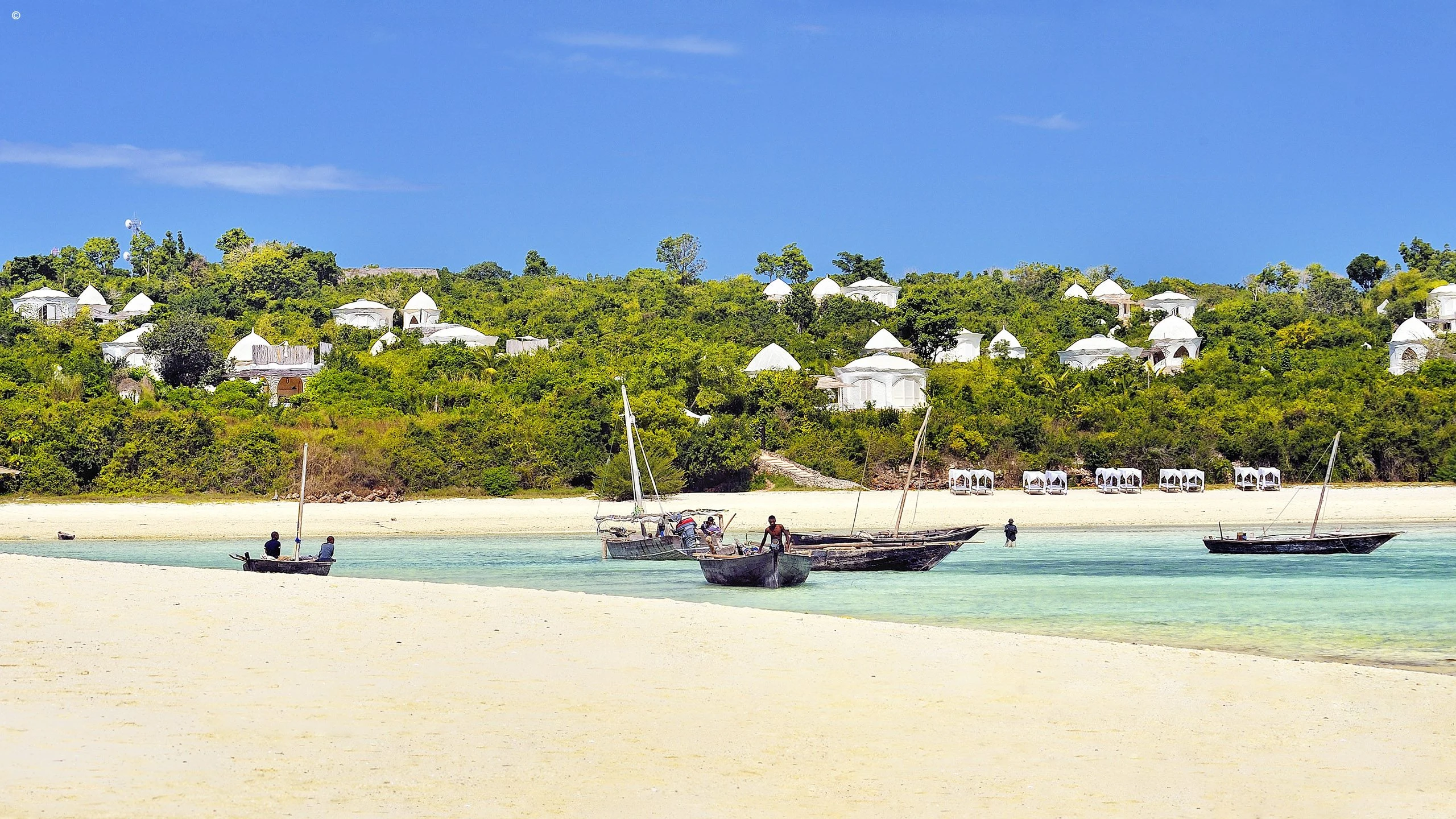 White villas on a hill above a beach with dhows in shallows