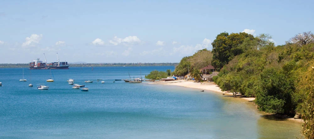 Boats anchored in a sheltered bay below a wooded shore