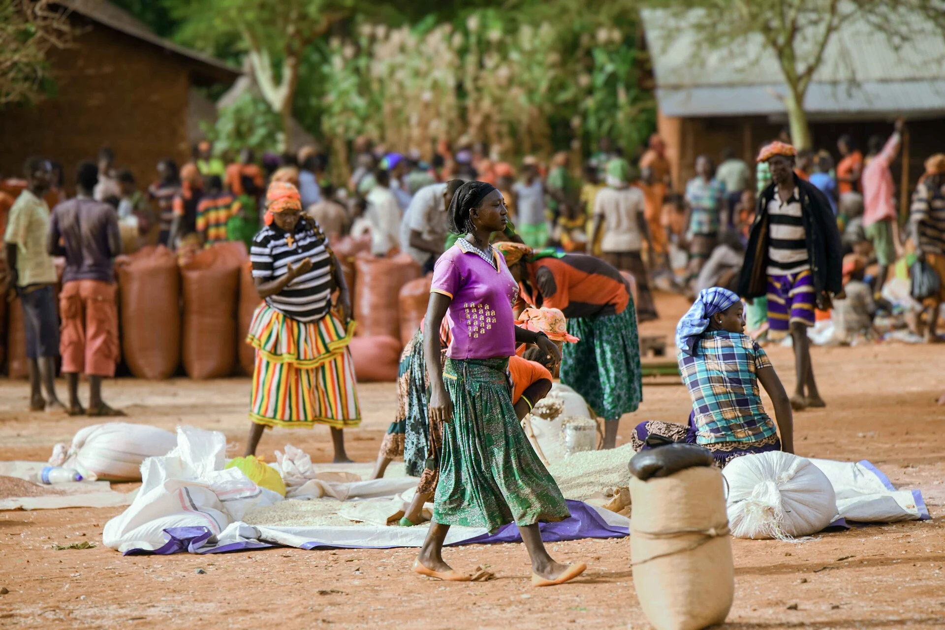 Traders and shoppers among sacks of grain at a Konso market.