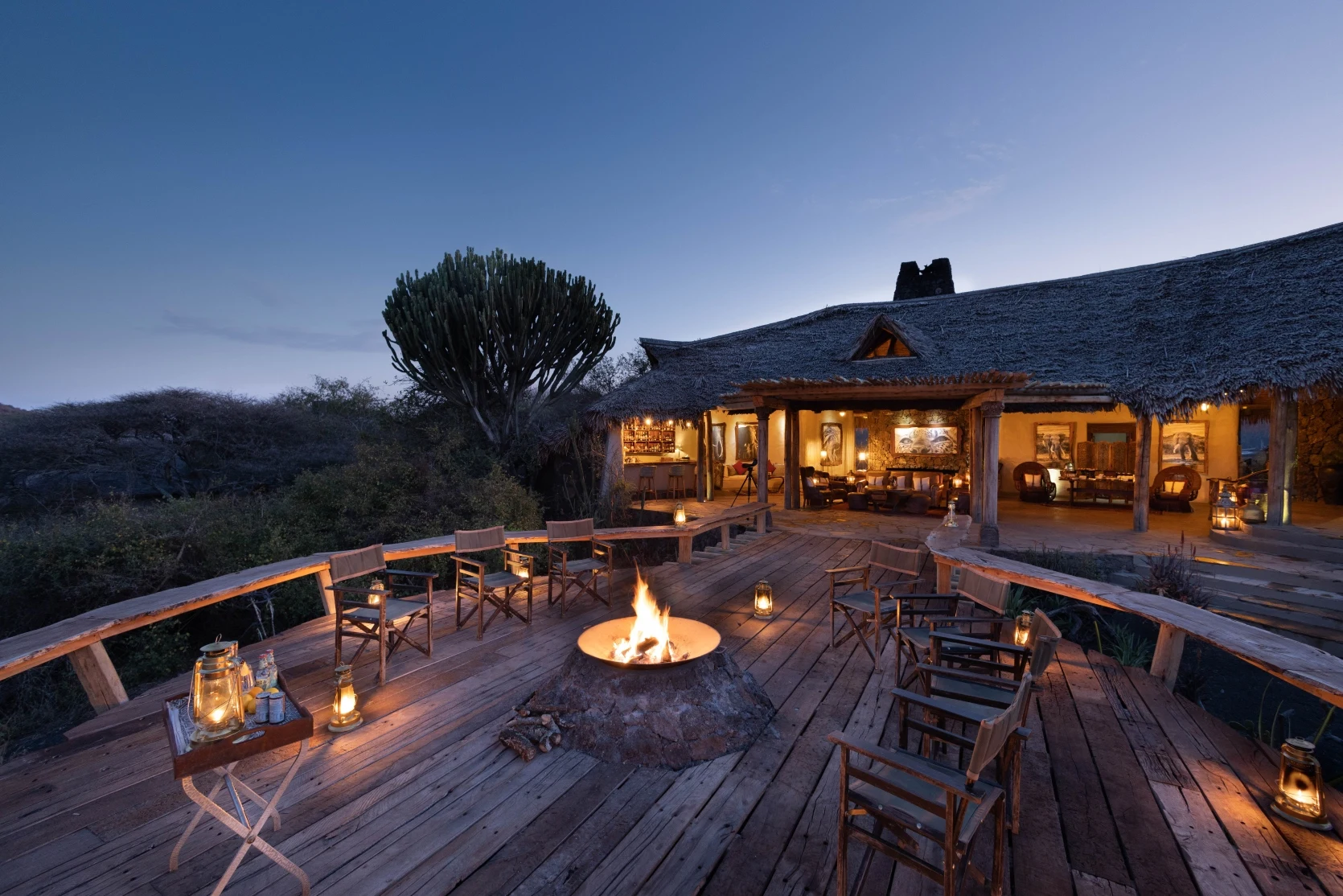 Lodge terrace with firepit at ol Donyo Lodge