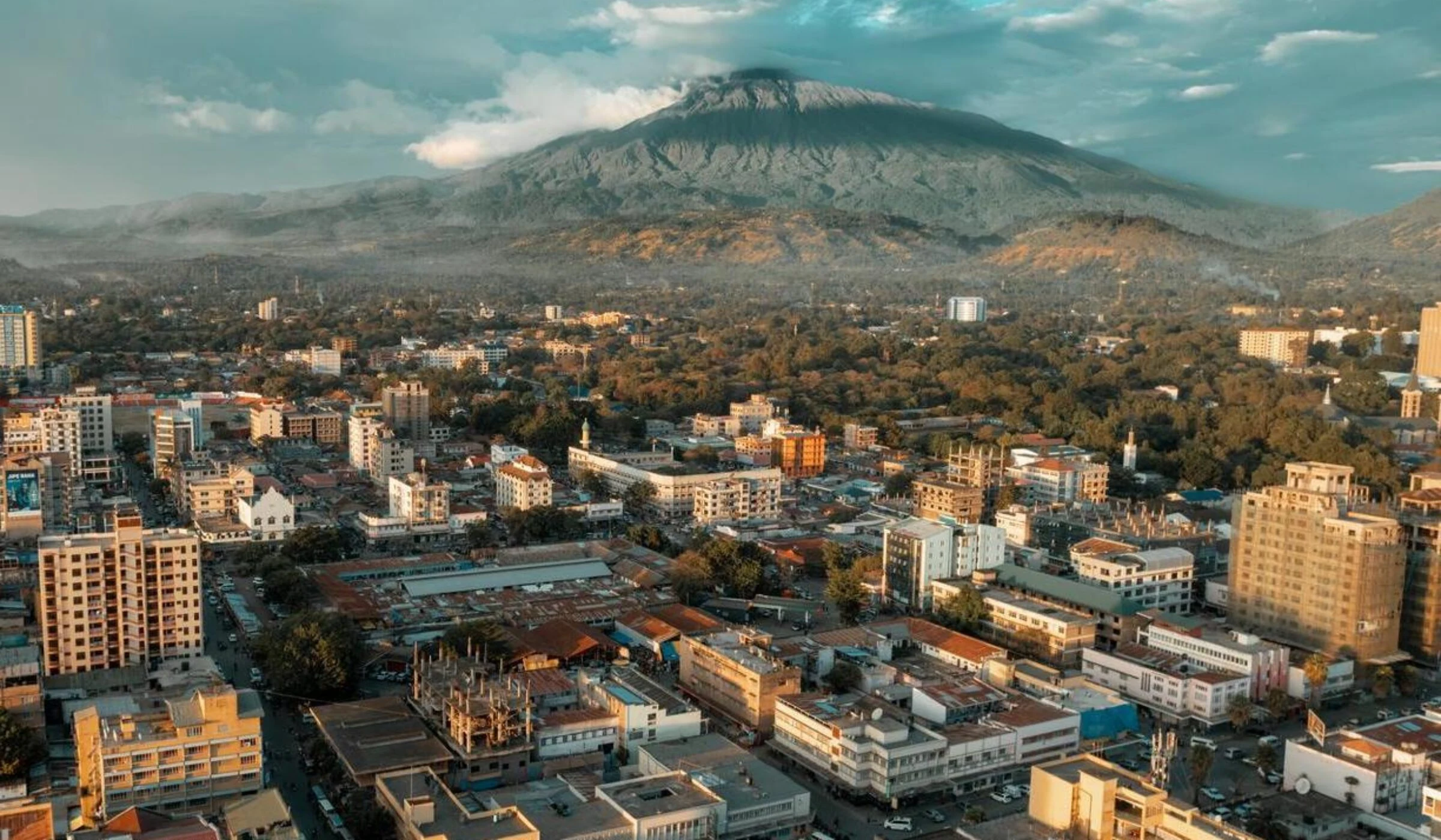Aerial view of Arusha town with Mount Meru behind