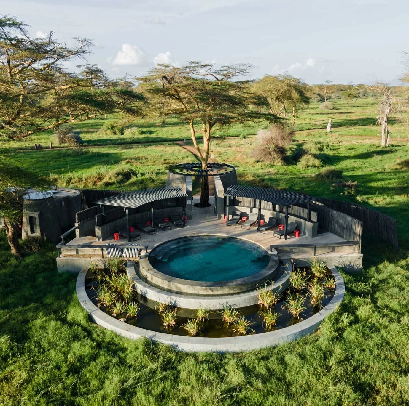 Circular pool in green camp