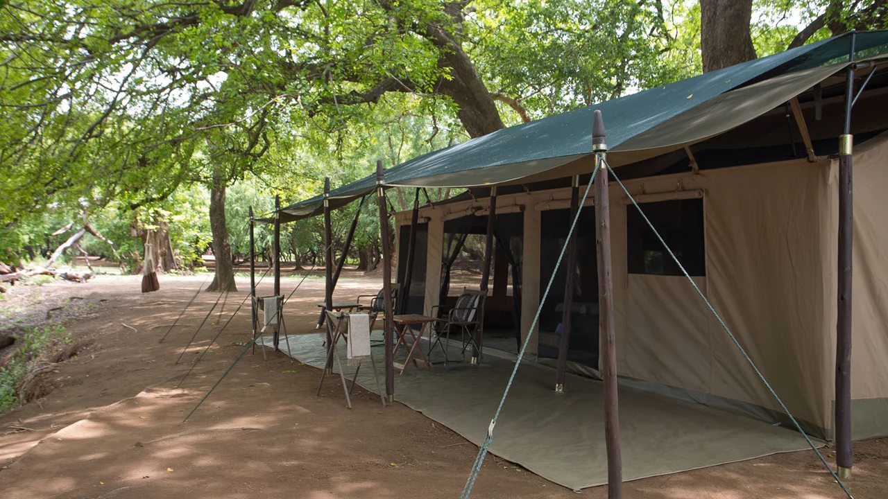 Shaded safari tent veranda at Lale's Camp