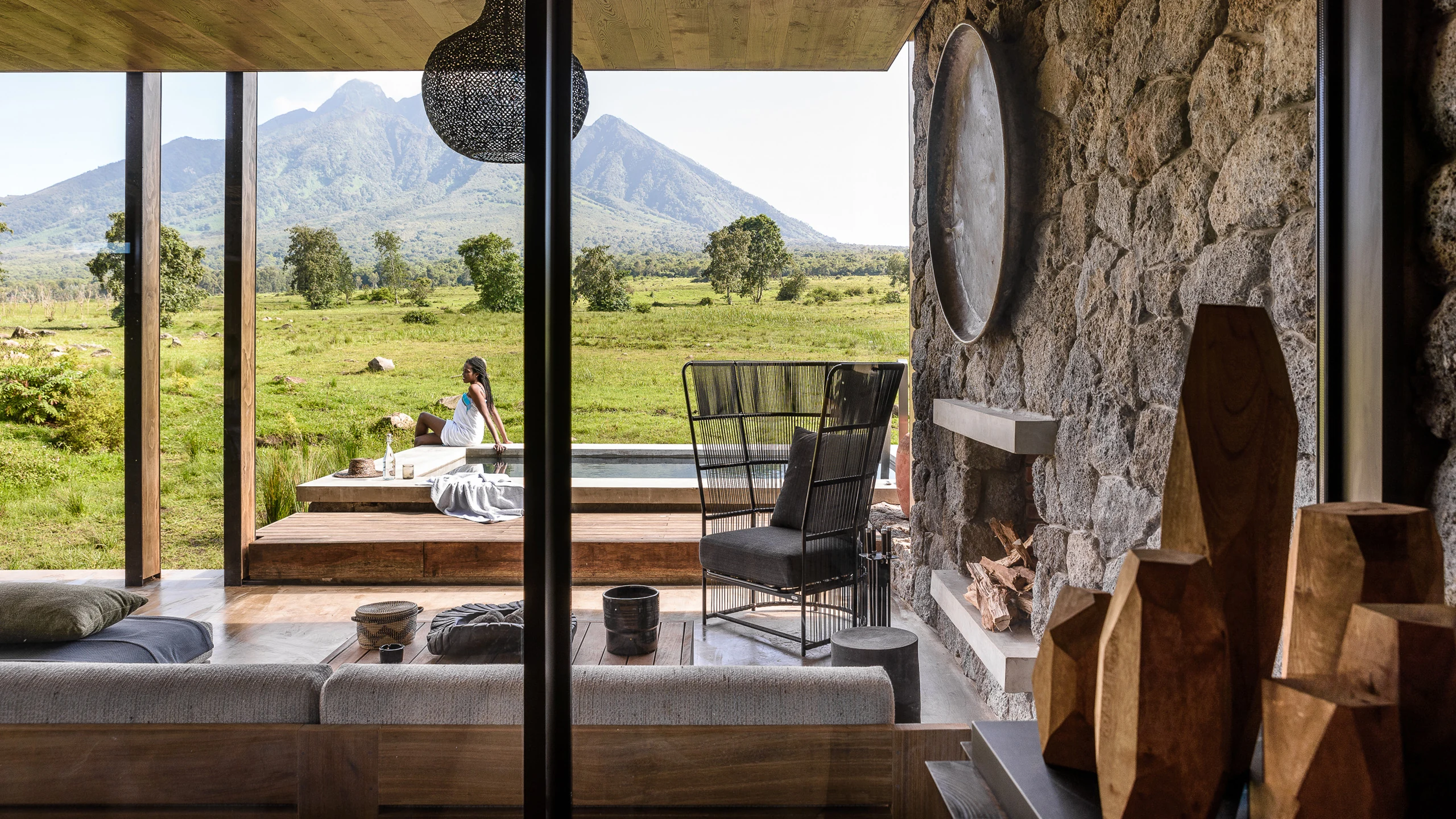 Stone lodge terrace with mountain view