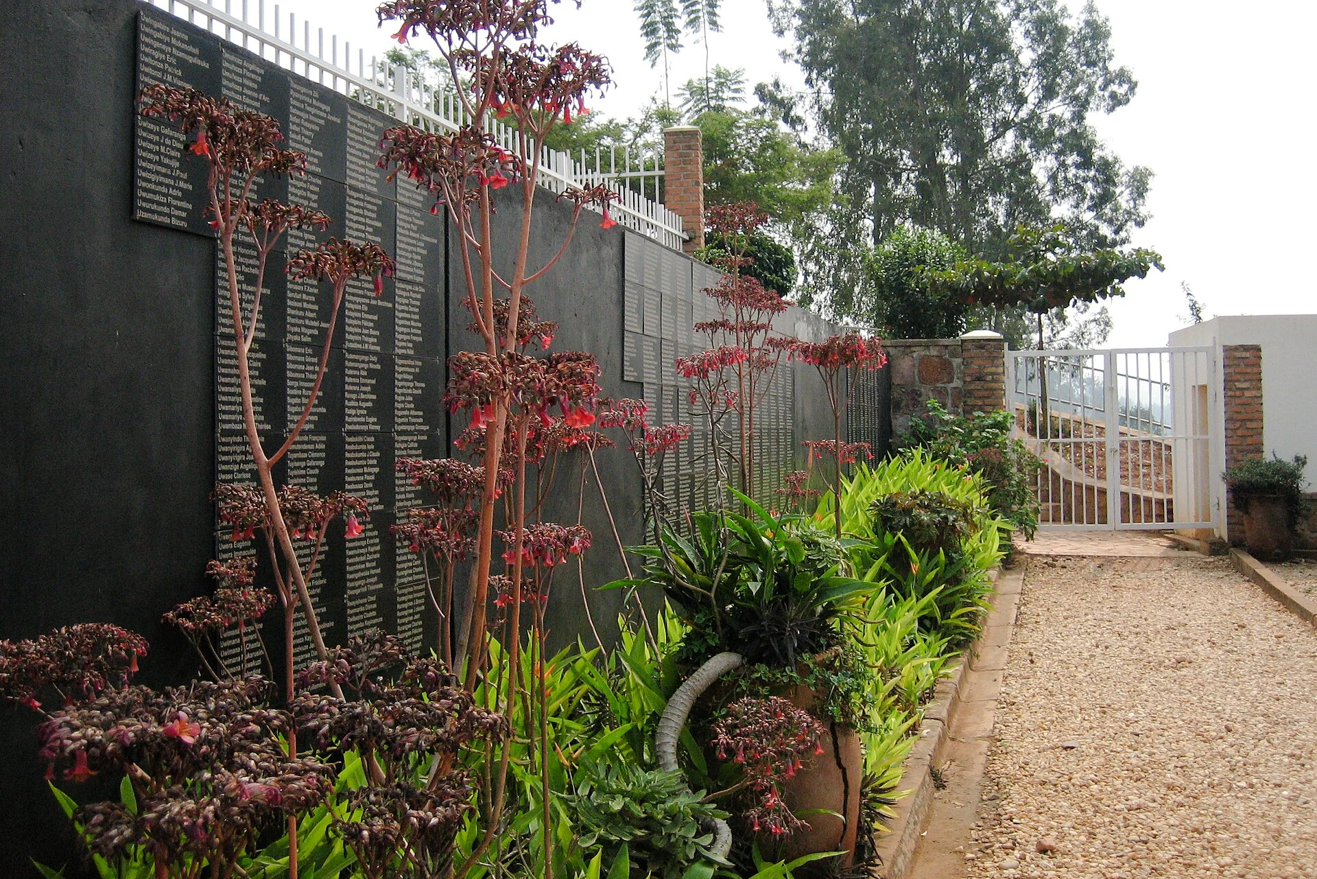 A garden path beside the wall of names at the Kigali Genocide Memorial