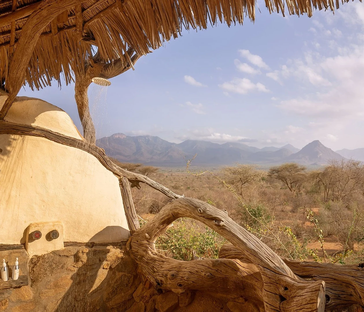 Rustic lodge terrace overlooking hills