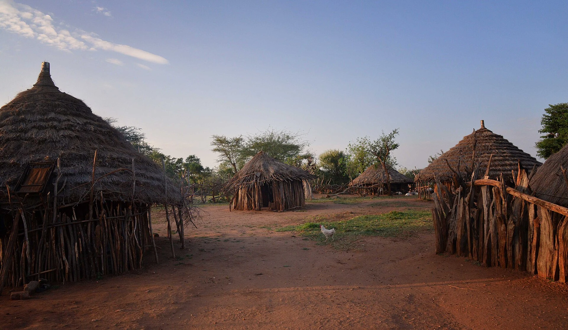 Early morning light over thatched huts in a quiet Hamar village.