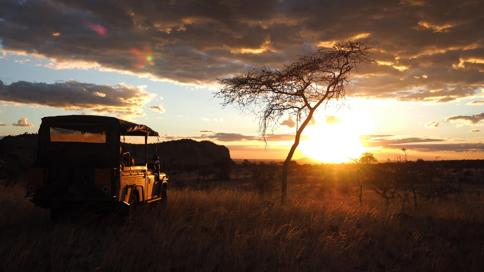 A safari vehicle silhouetted against the sunset beside a lone acacia in the Chyulu Hills
