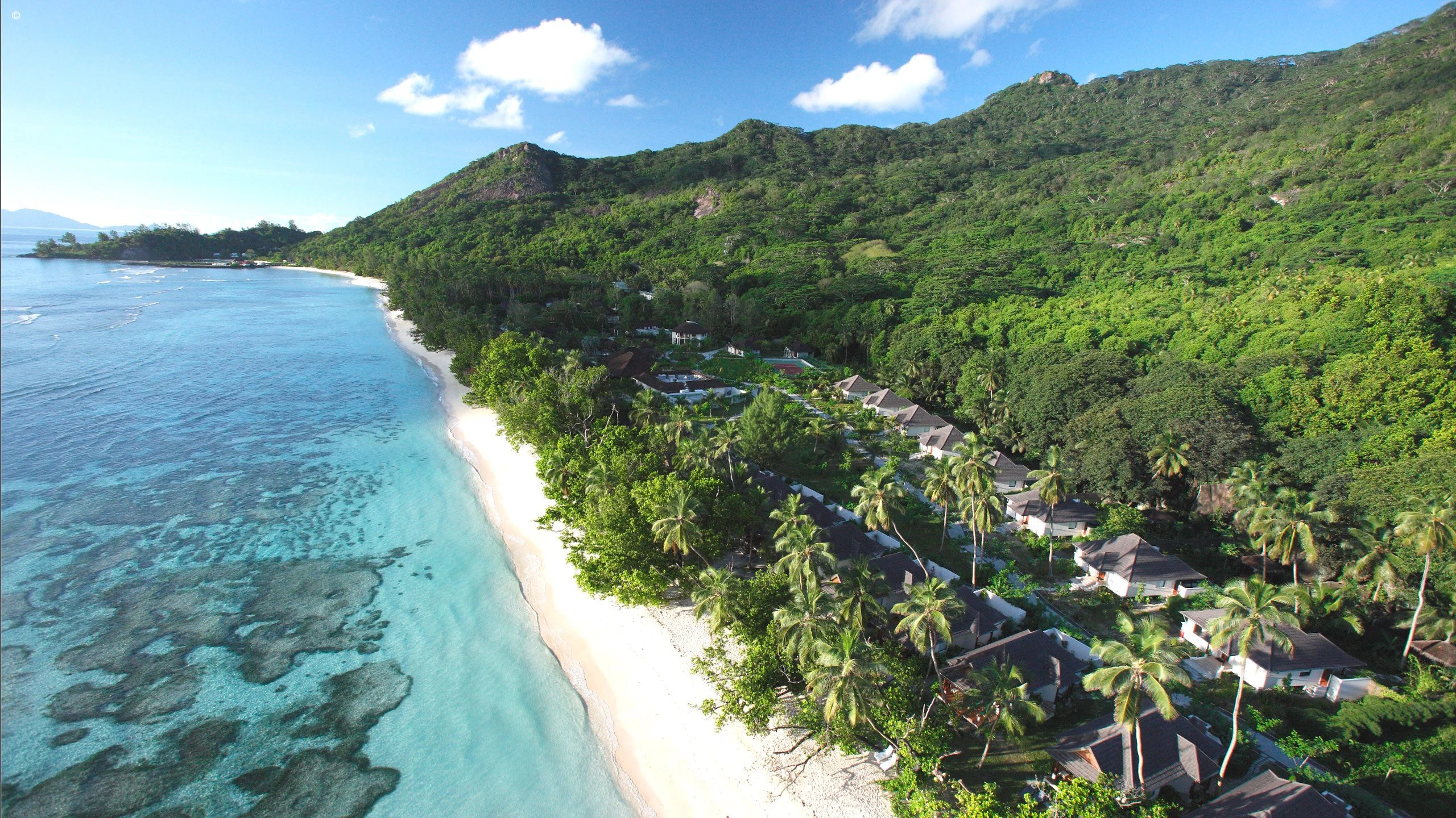Aerial of a beach resort with villas among forest and reef