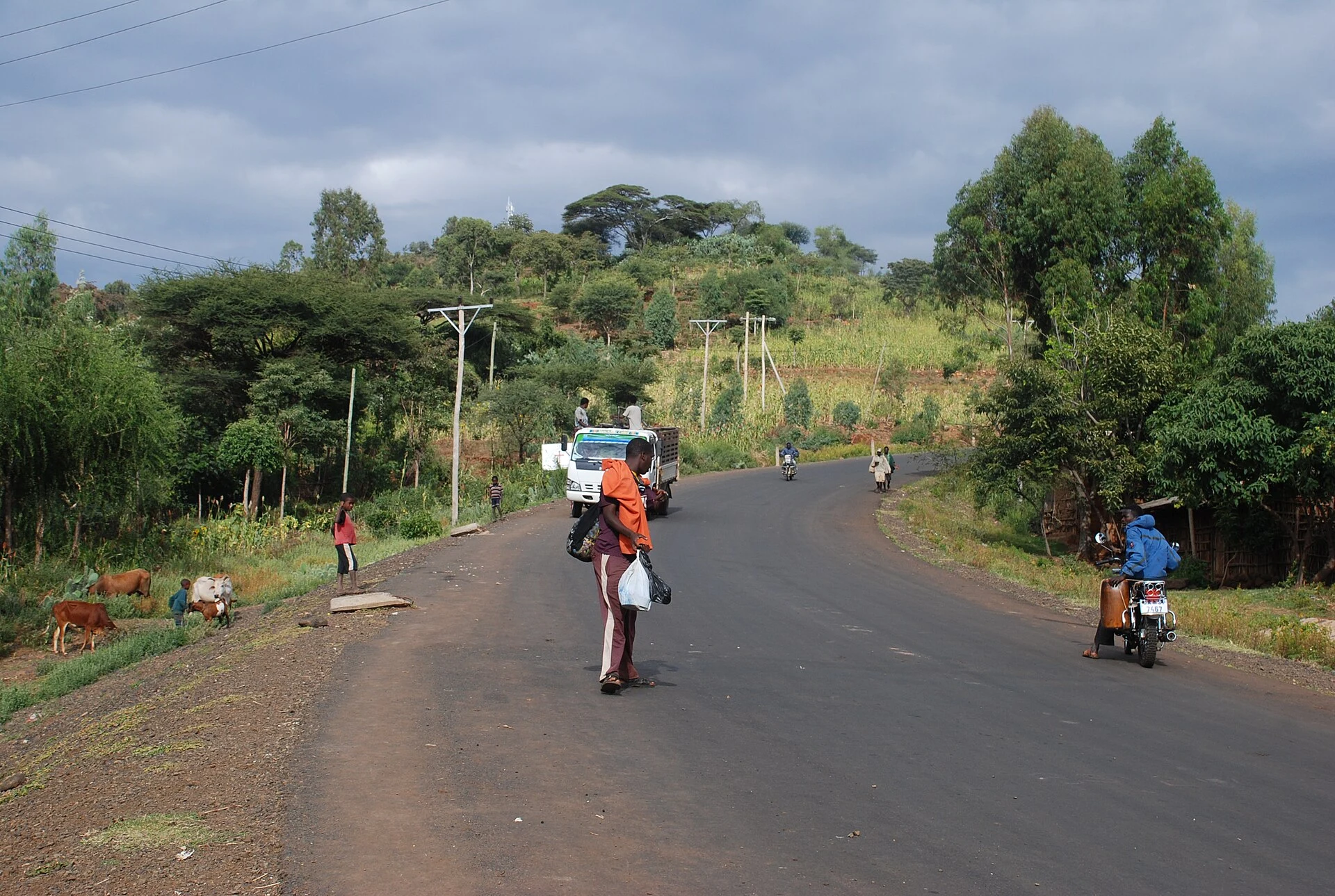 A paved road leads into Arba Minch past trees and motorbikes.