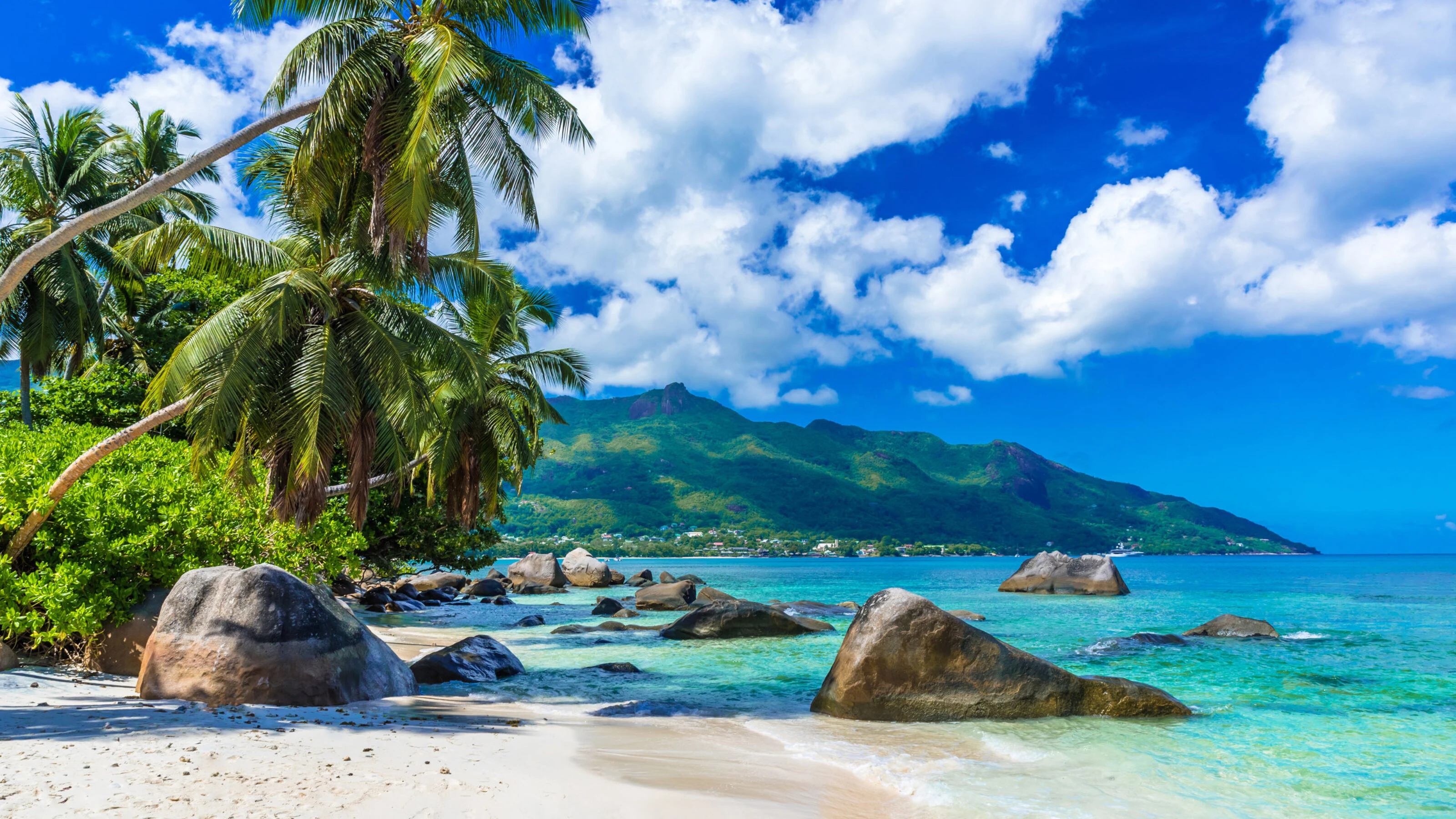 Granite boulders, palms and turquoise water on a Mahe beach with a hill behind
