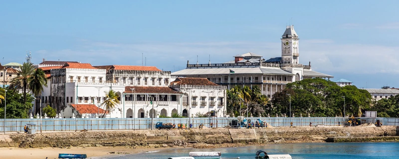 Stone Town's seafront buildings and the House of Wonders tower from the harbour