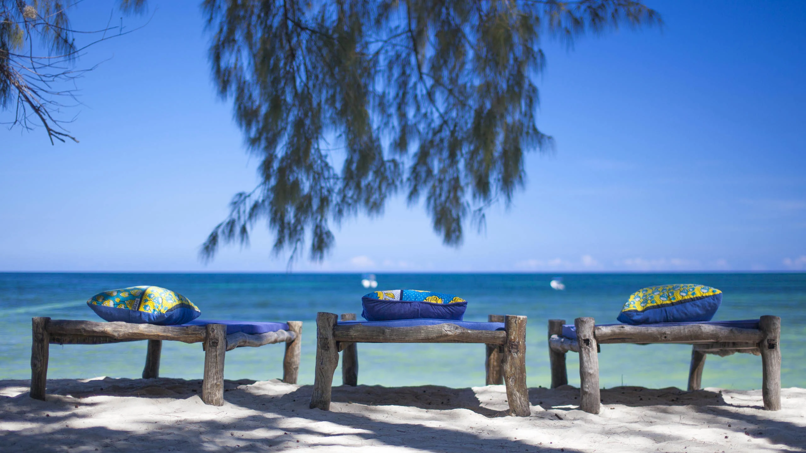 Beach loungers beside sea