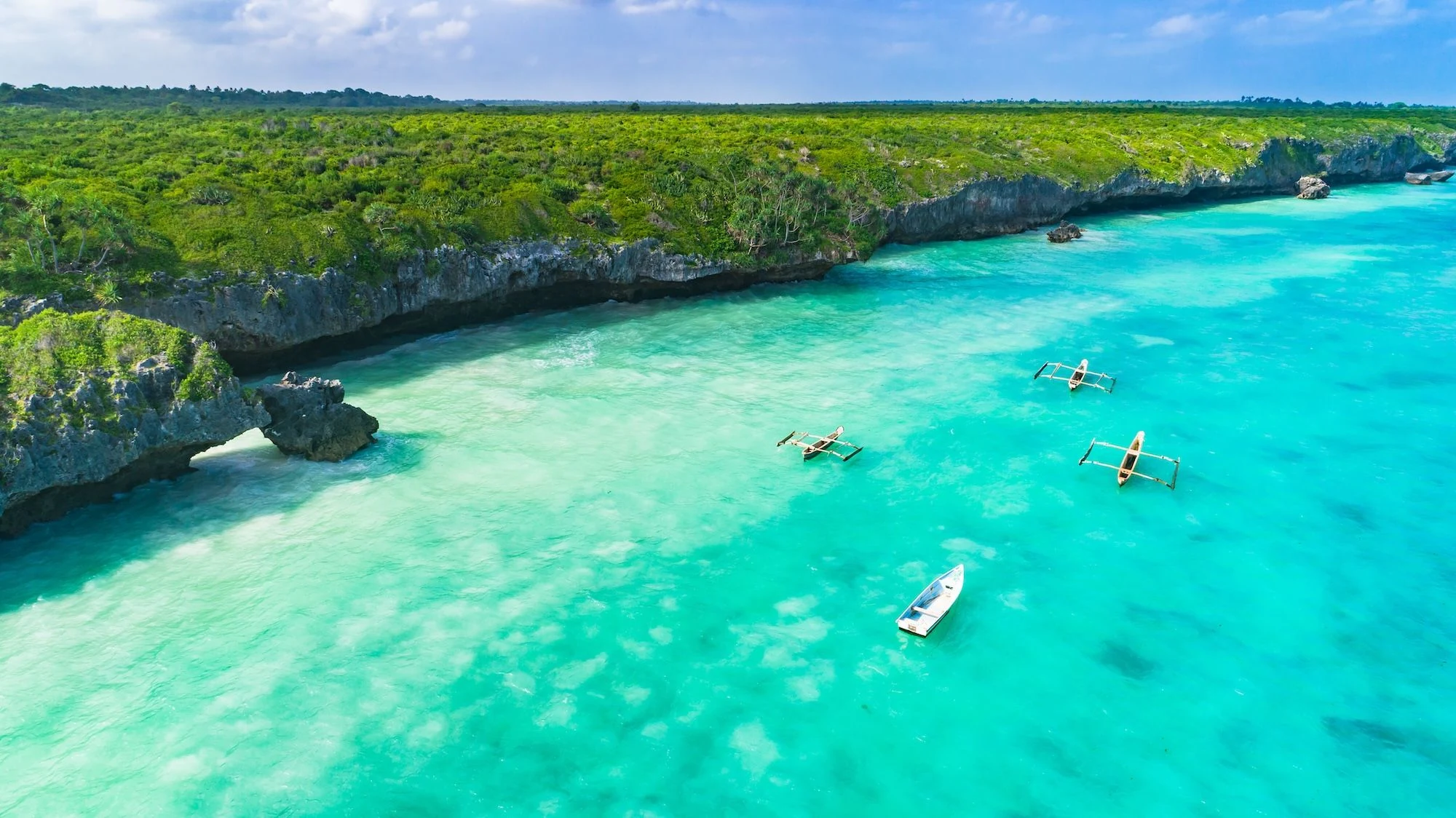 Aerial of turquoise lagoon below a tree-covered coral cliff with small boats