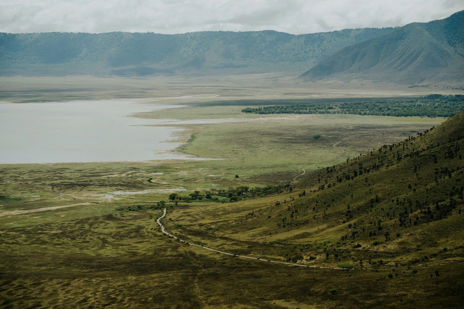 View down the Ngorongoro Crater wall to the lake and crater floor