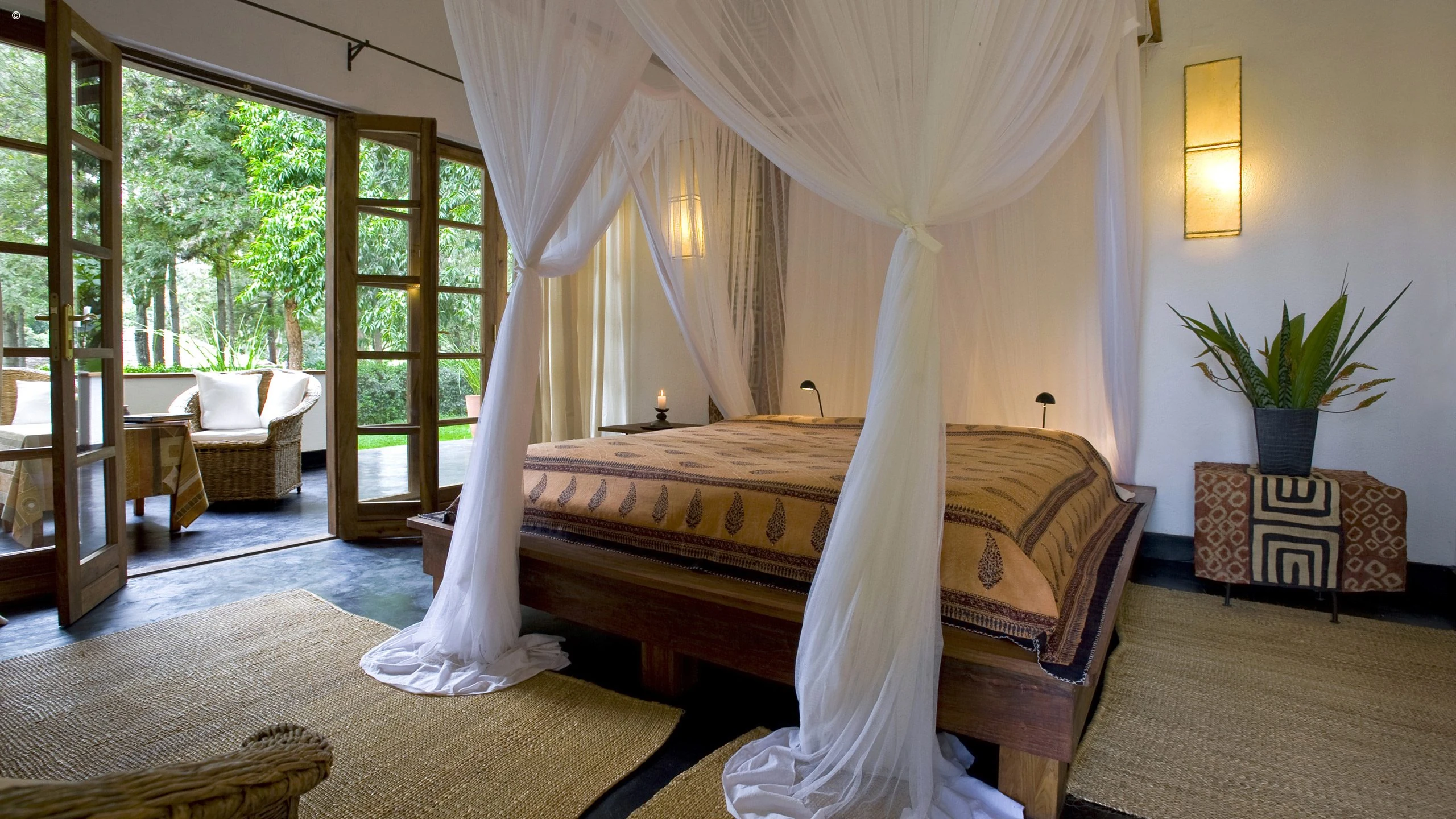 Canopy bed beside glass doors
