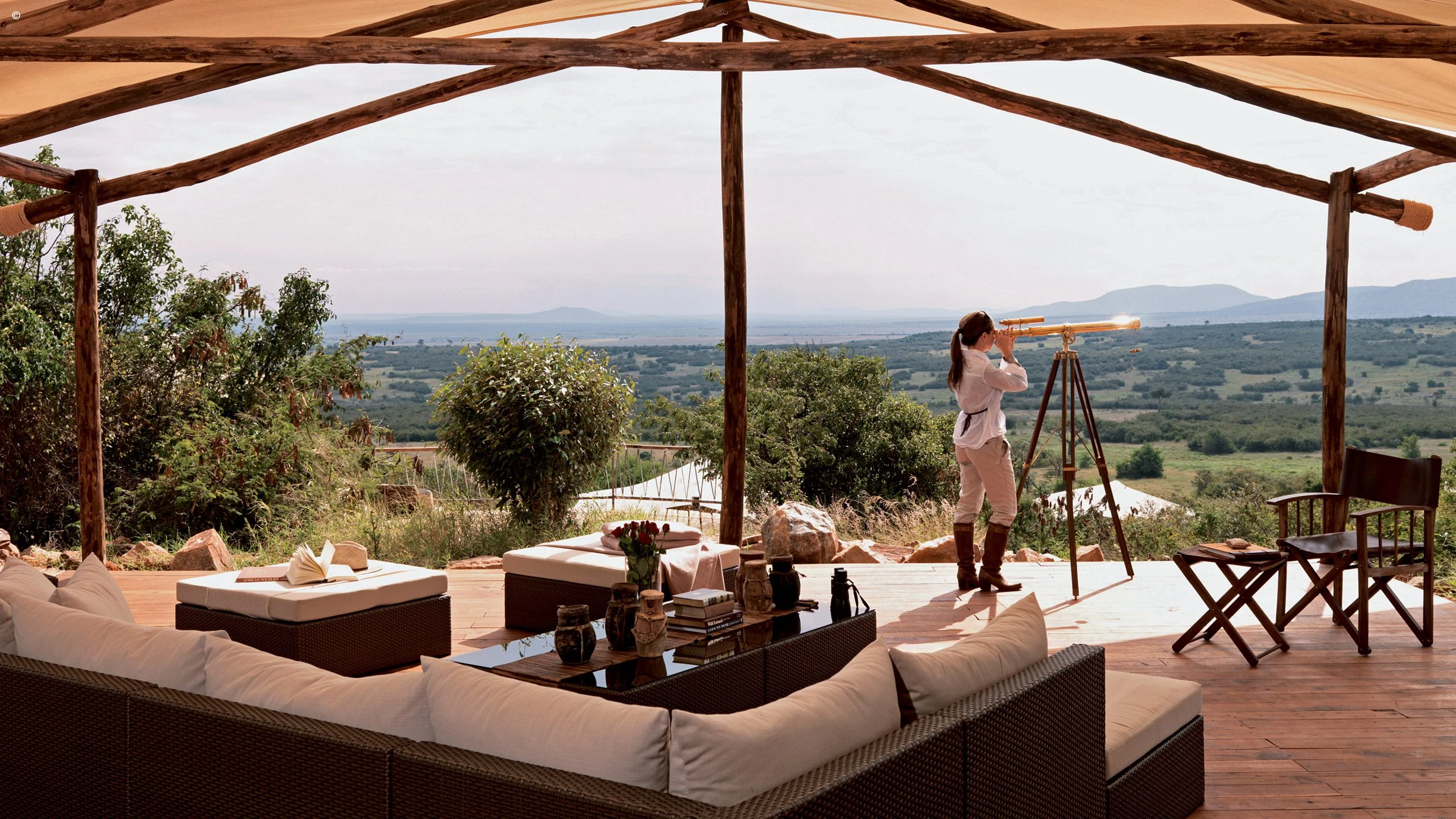 Open lodge veranda overlooking countryside at Mara Bushtops