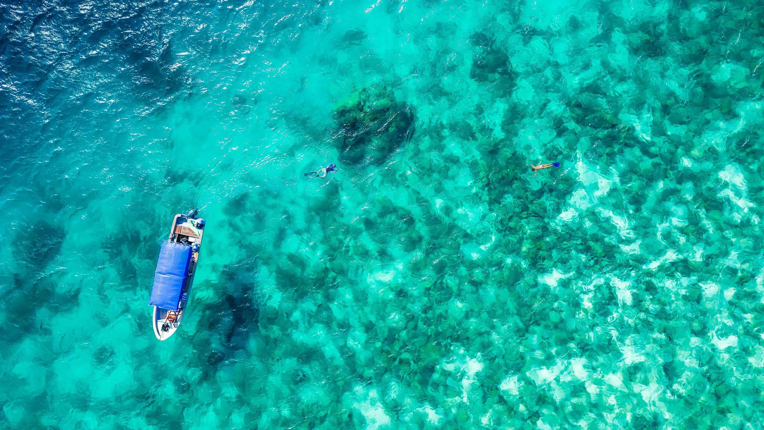 Aerial view of a paddleboarder over a shallow turquoise reef