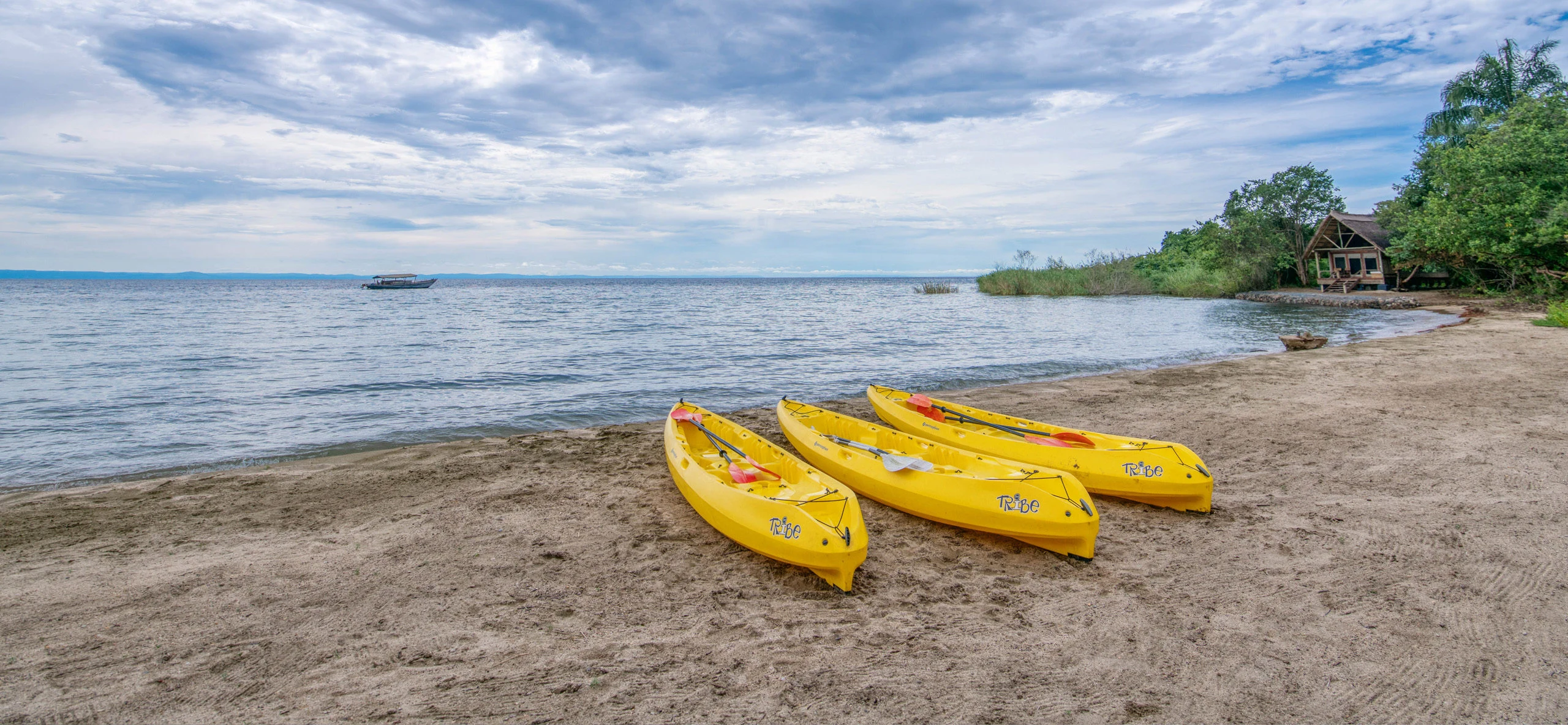 Yellow kayaks resting on the sandy shore of Lake Tanganyika