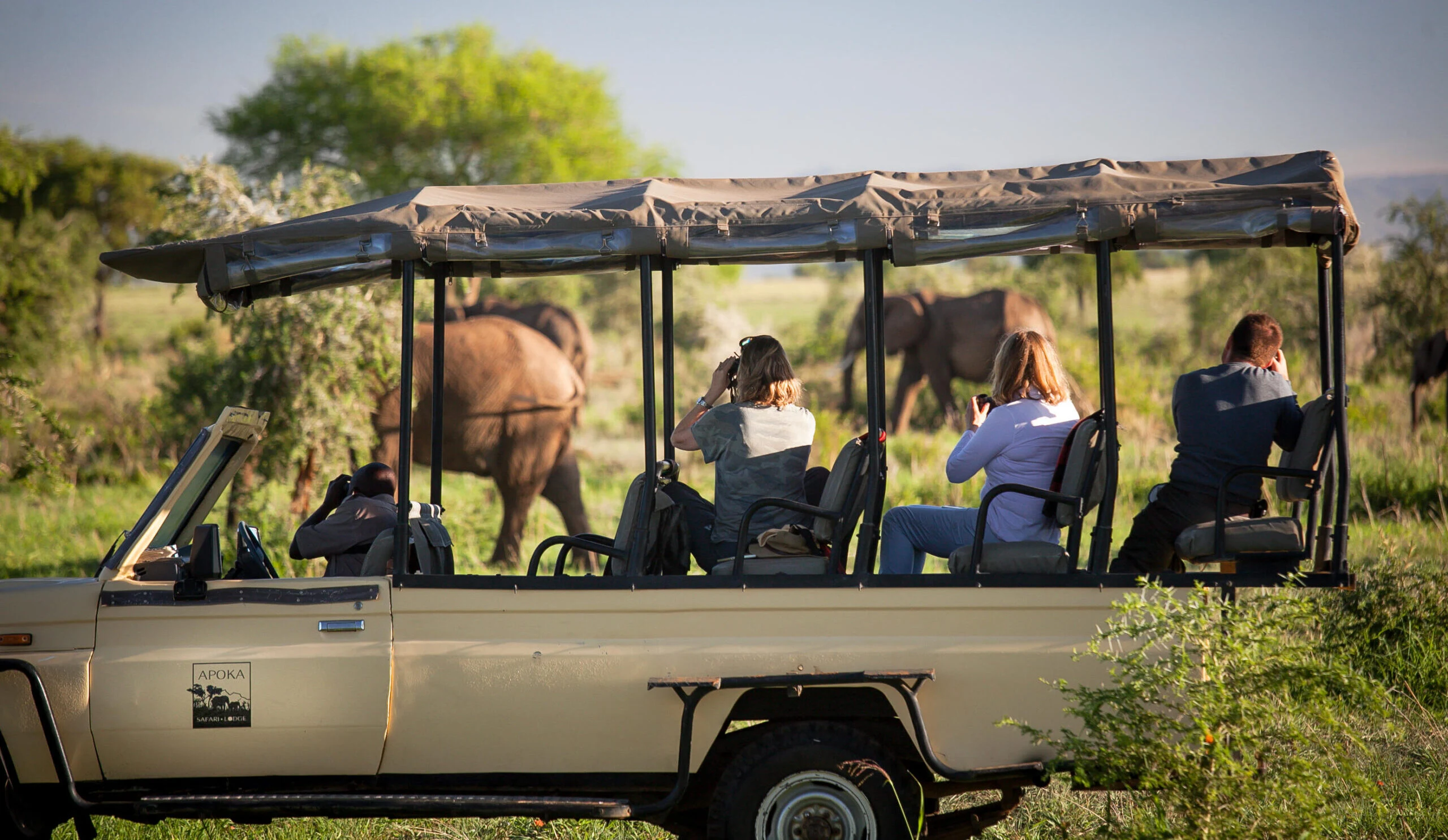 Guests in an open safari vehicle watching elephants in Kidepo Valley
