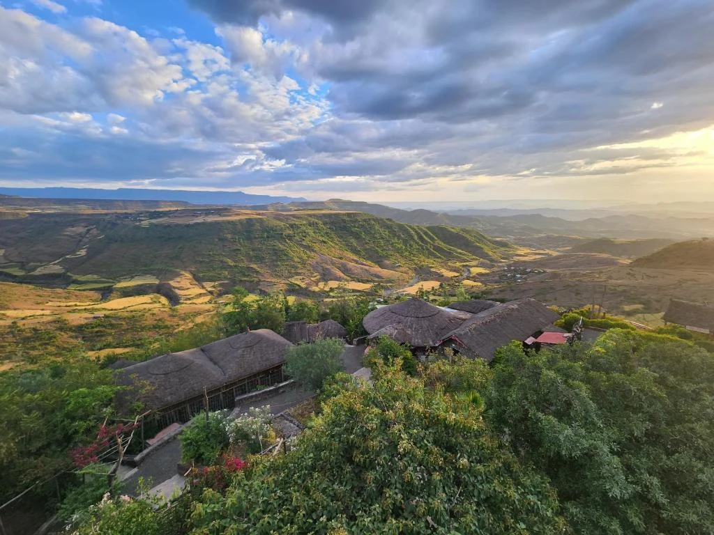 an aerial view of a village in the hills
