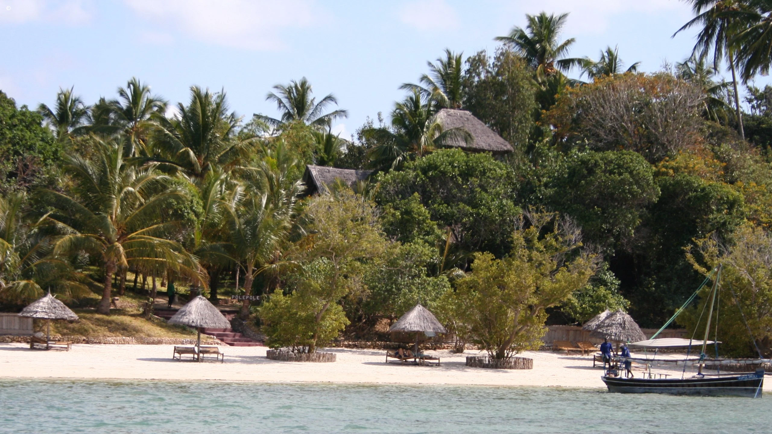 Palm lined beach with parasols, thatched roofs and a dhow