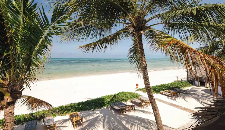Leaning palm trees over a quiet white beach and turquoise sea