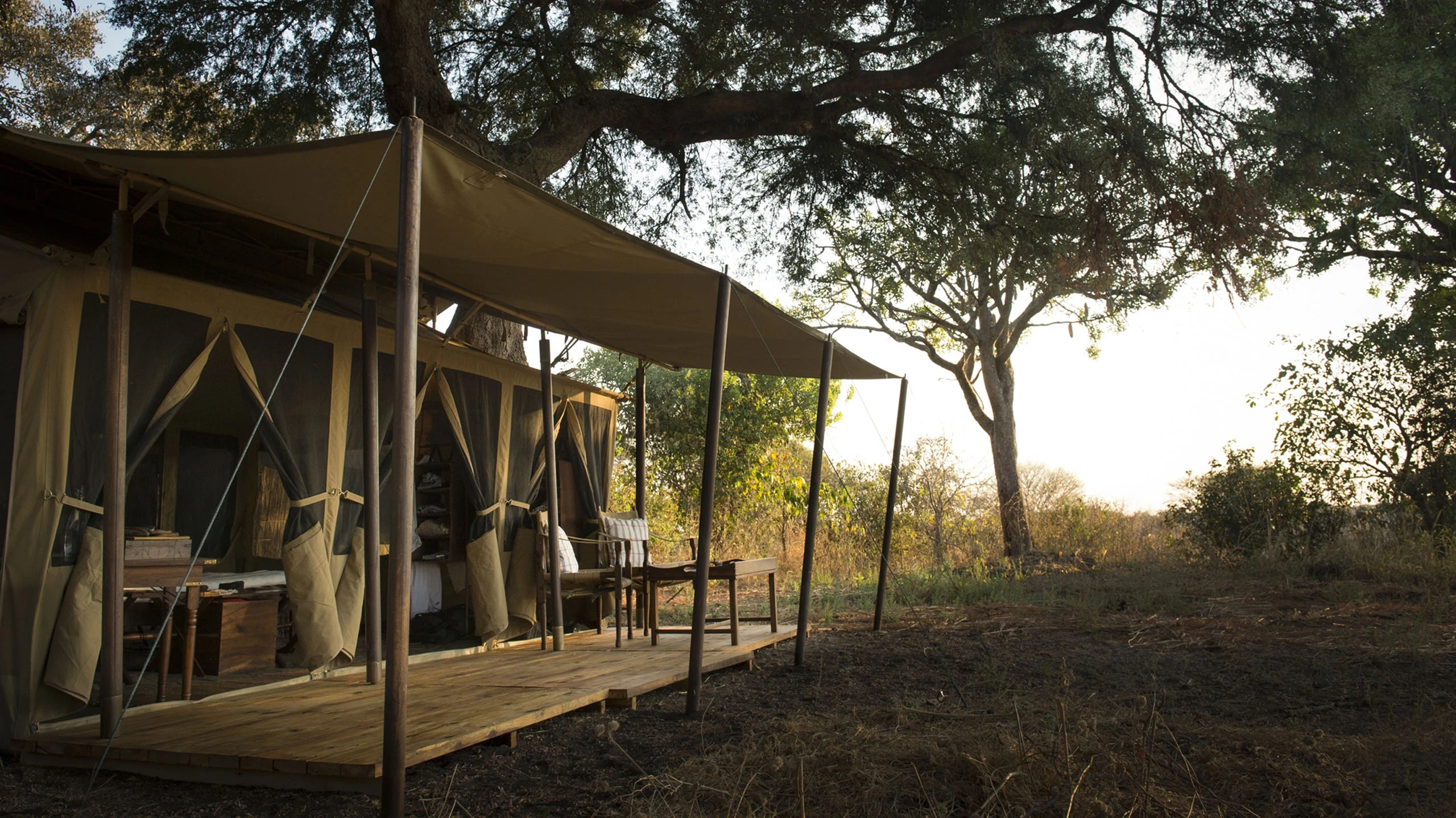 Canvas tent beneath large trees at Chada Katavi
