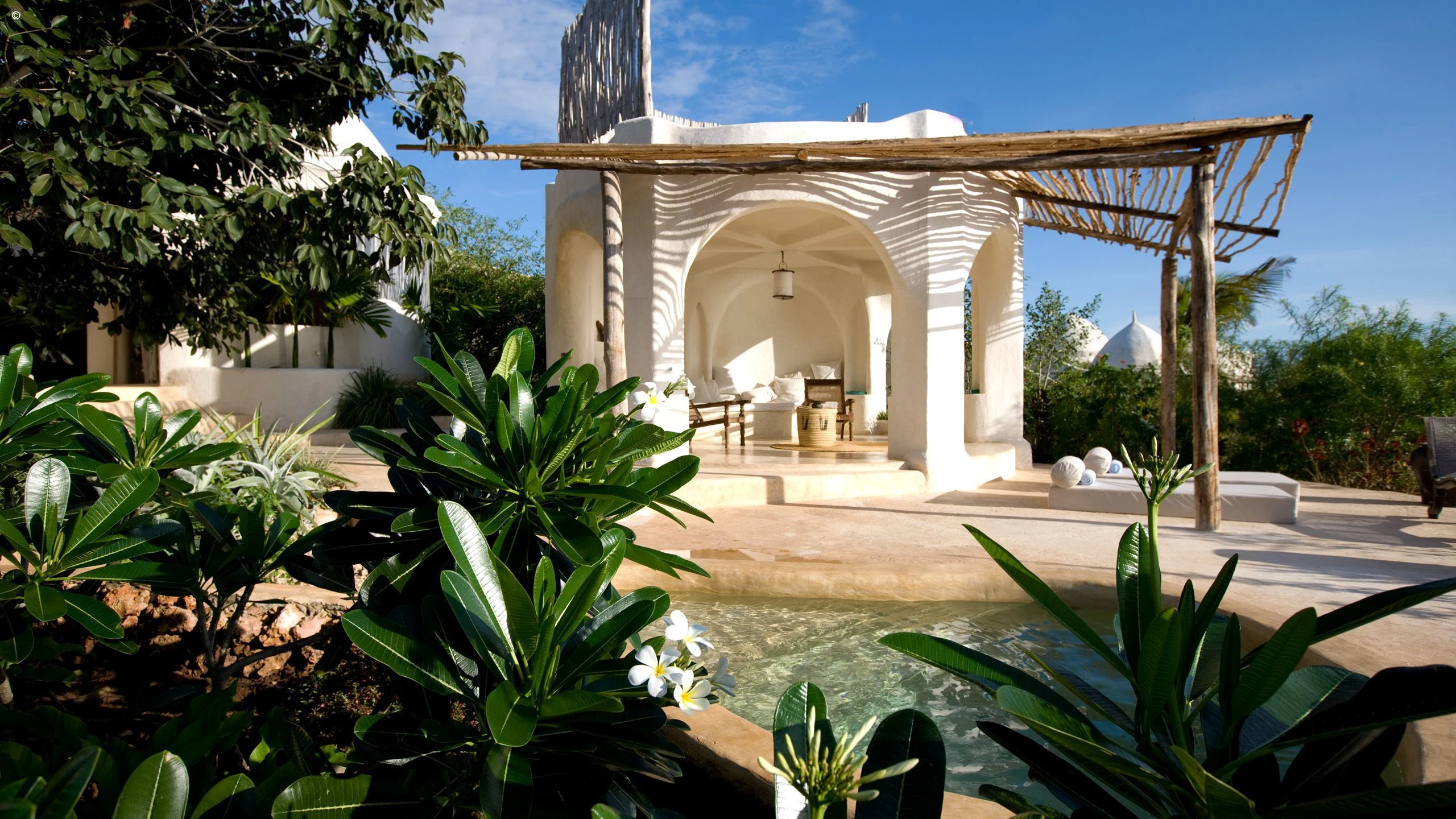 White arched pavilion and plunge pool among tropical plants at Kilindi Zanzibar