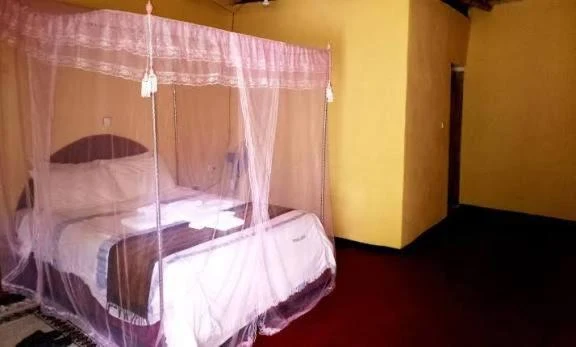 a bedroom with a bed with a mosquito net at Buska Lodge in Turmi