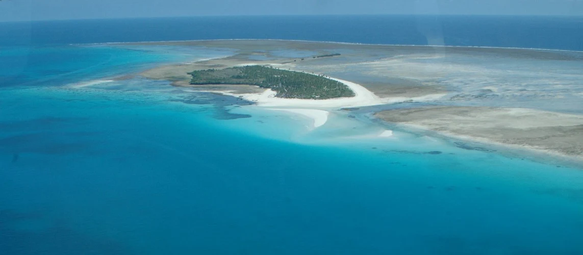 A small island ringed by sand and turquoise reef, seen from the air