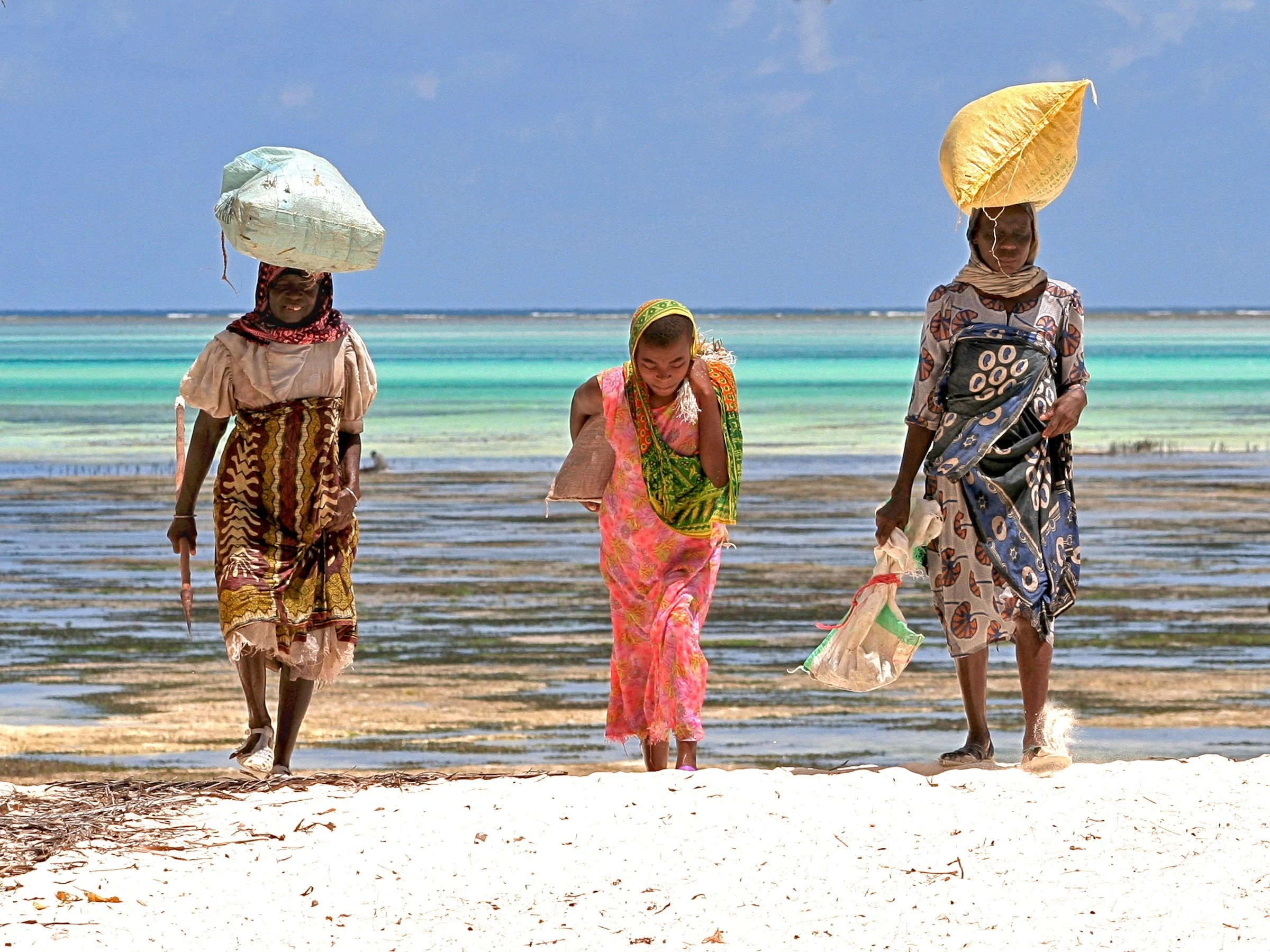 Three women carrying bundles on their heads along a beach at low tide