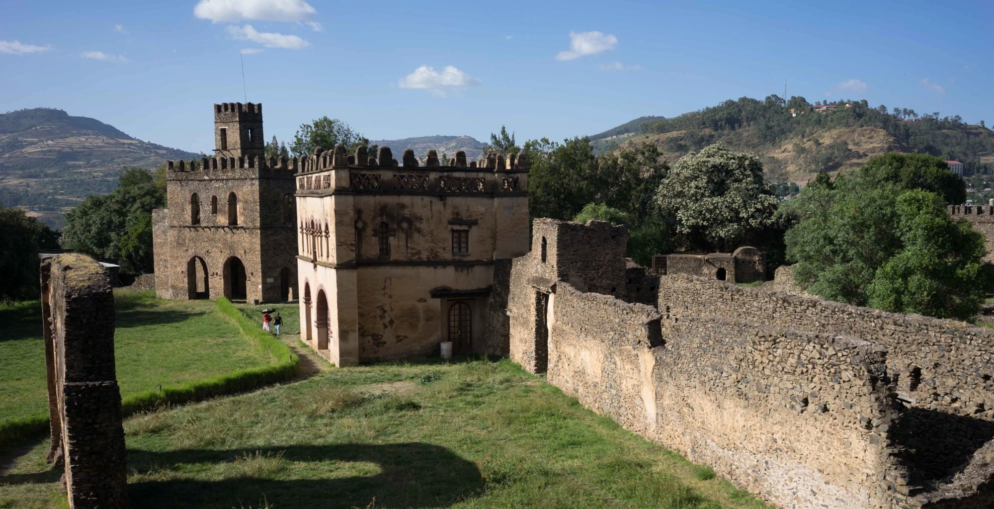 Stone castles and walls of the Fasil Ghebbi royal enclosure in Gondar
