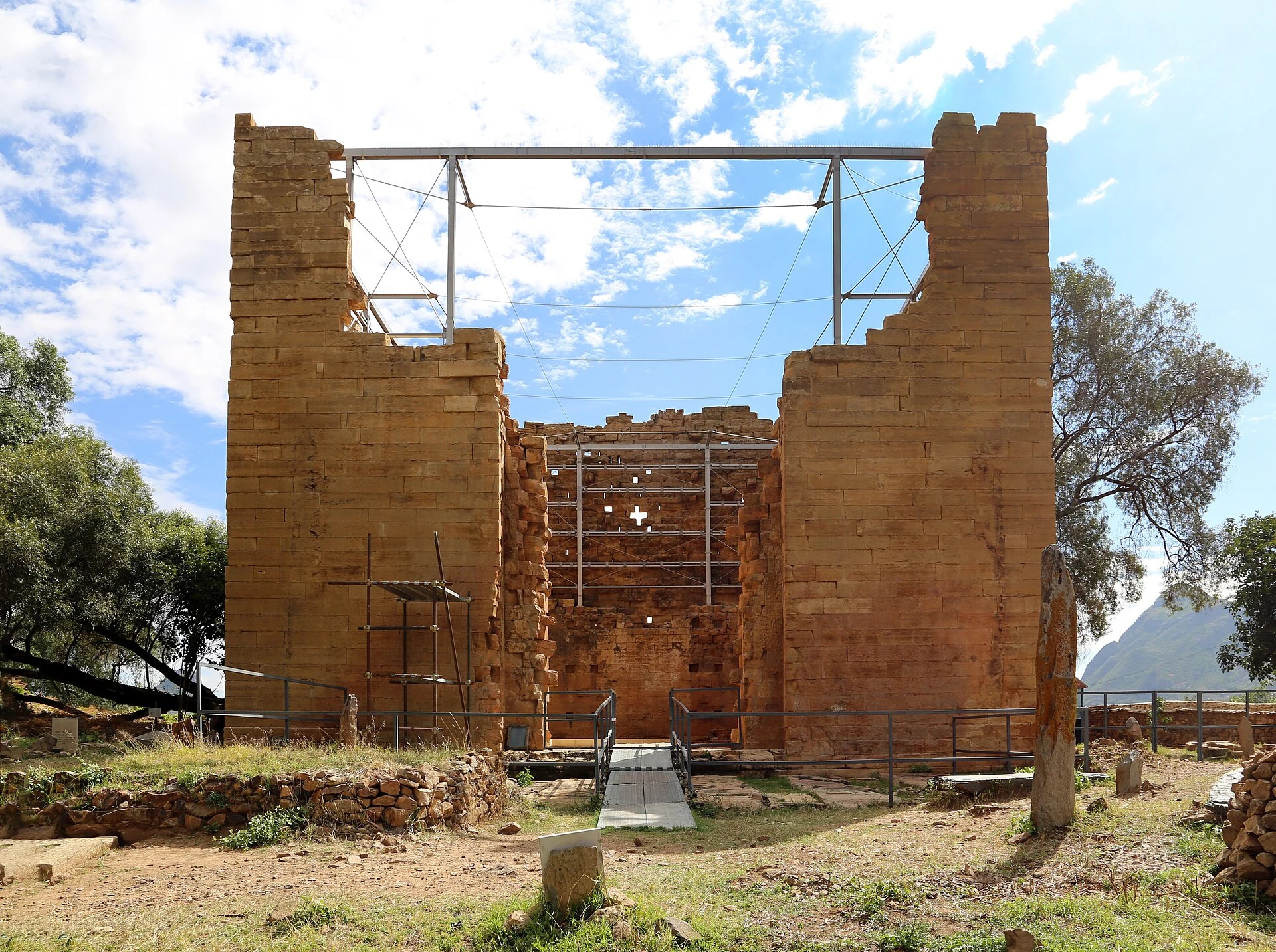 The tall stone walls of the ancient temple ruins at Yeha.